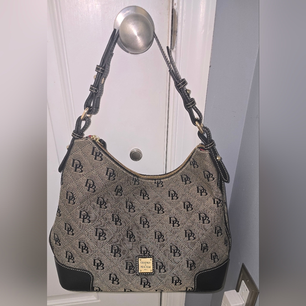 Dooney & Bourke Erica Gray Canvas Black Leather DB Printed Hobo Shoulder Bag